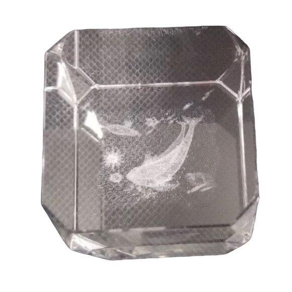 3D Etched Crystal Glass Dolphin Figurine Paperweight With Marine Life Scene Rect - Picture 4 of 8